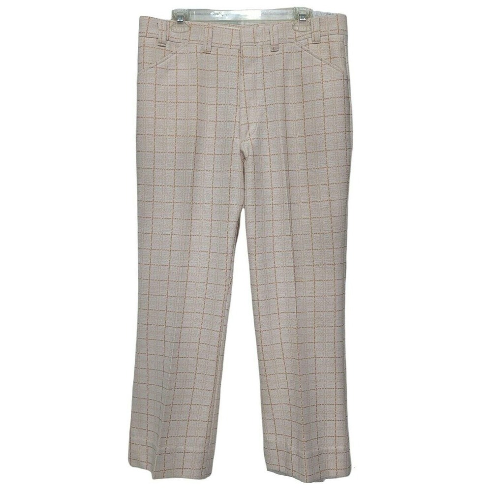 Vintage Wright 34x28 Tan‎ Windowpane Grid Plaid Straight Leg Slacks 70s Disco